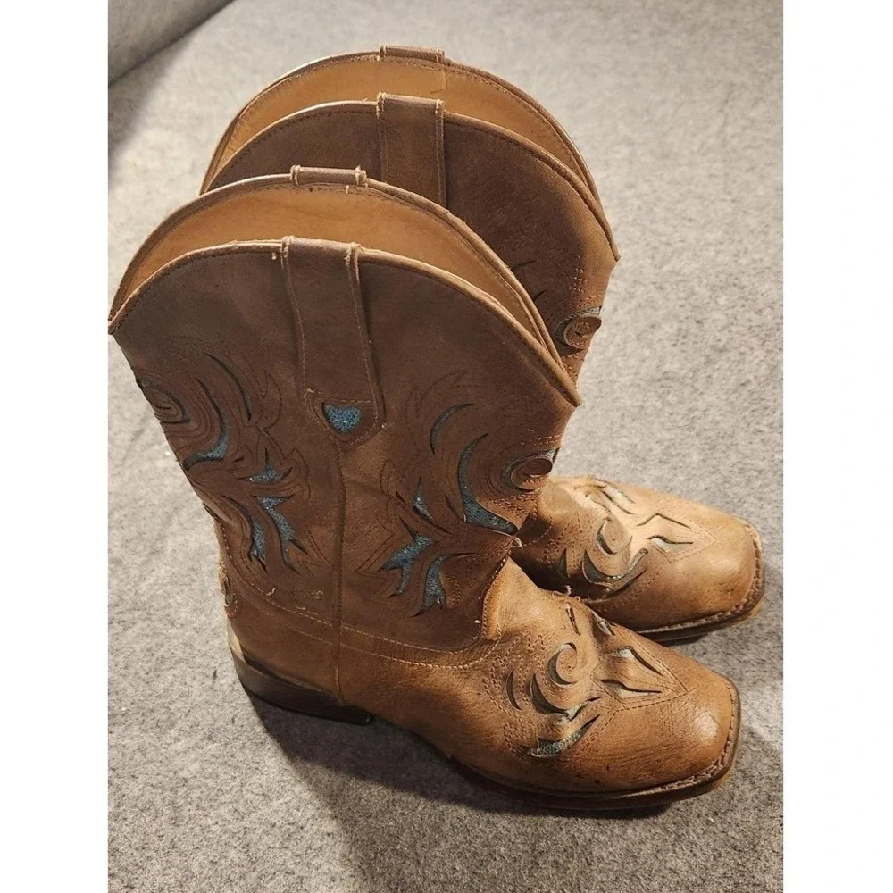 Roper Boots Girls Size 3 Brown Western Cowboy‎ Square Toe Blue Glitter Inlay